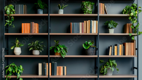 Wooden Bookshelves With Various Books And Potted Plants Against A Dark Gray Wall In A Cozy Interior Setting With Soft Lighting