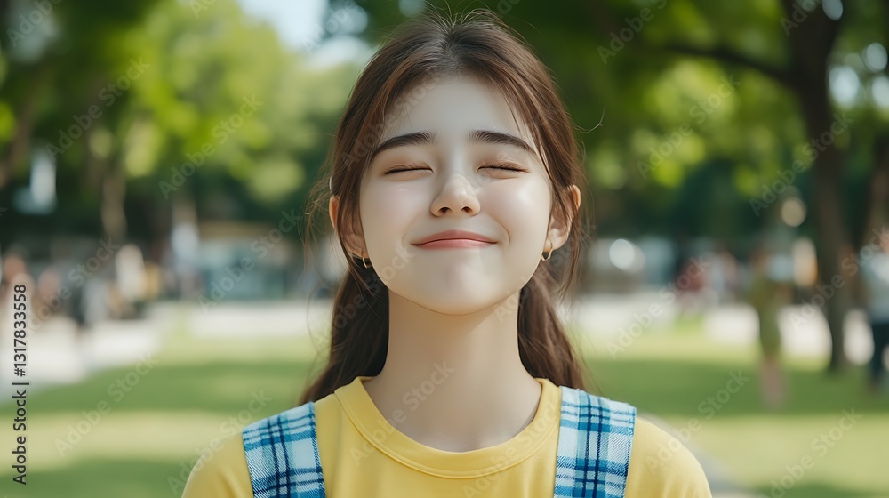 Young woman smiles with eyes closed outside in park Young woman smiles with eyes closed outside in park