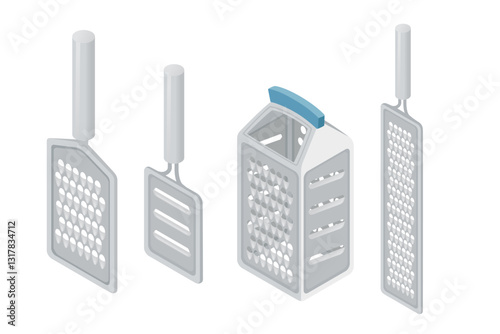 Set of four graters. Handheld and box steel grater. Kitchen tools. Isometric view of food preparation utensils. Vector illustration isolated on white background