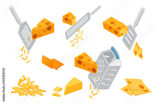 Collection of cheese preparation tools with stainless steel graters. Process of preparing ingredients. Kitchen utensil with handles. Cooking tools. Vector illustration isolated on white background