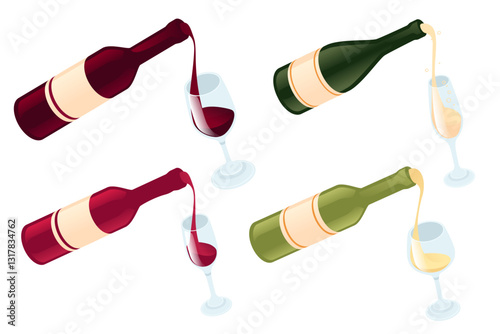 Isometric view of wine pouring into glasses. Set of wine. Different type of alcoholic drinks in bottles with glass. Red and white wine, champagne. Vector illustration isolated on white background