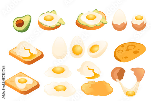 Isometric dish collection with eggs,bread and avocado. Fresh tasty sandwich. Breakfast fast food. Vector illustration isolated on white background