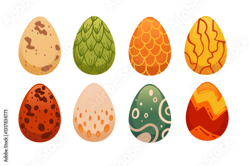 Set of fantasy dragon eggs. Mythical creature collection. Patterned egg in red, green, orange and beige. Colorful bright carton design. Vector illustration isolated on white background