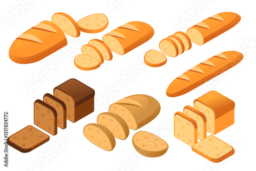 Whole and sliced set of bread. Isometric view. Baguettes, sandwich loaves, bread rolls, and sliced bread. Baking products for grocery store. Vector illustration isolated on white background