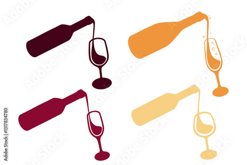 Colorful silhouette of wine pouring into glasses. Set of wine. Different type of alcoholic drinks in bottles with glass. Red and white wine, champagne. Vector illustration isolated on white background