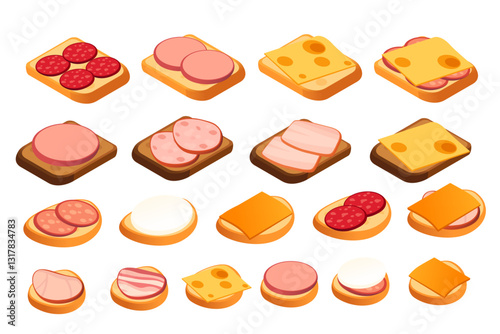 Big collection of sandwiches with sausage meat and cheese, in different varieties. Open sandwich ready for breakfast. Fast Food dishes. Isometric view. Vector illustration isolated on white