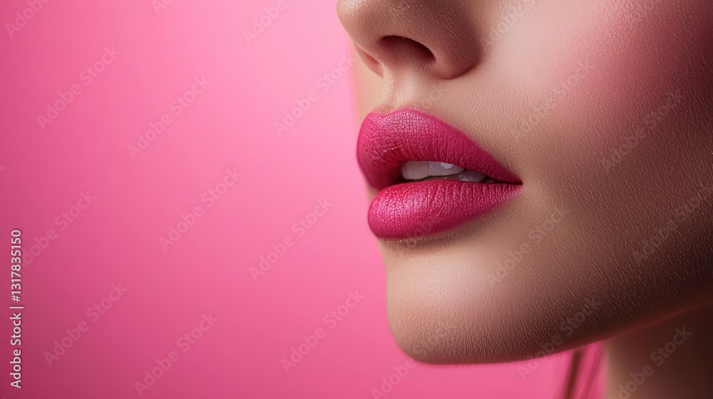 Naklejka premium Close-Up of Woman's Lips with Bold Pink Lipstick on Soft Pink Background