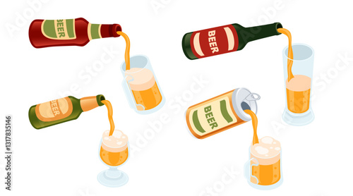 Set of beer pouring into glass mugs. Golden lager beer filled in glass. Glass bottles with simple label. Alcoholic drink, ready for grocery store or supermarket. Vector illustration on white
