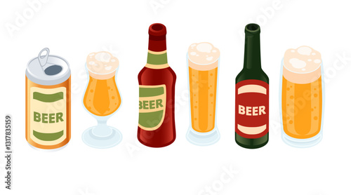 Beer product set with bottles and glasses. Golden lager beer filled in glass. Glass bottles with simple label. Alcoholic drink, ready for grocery store or supermarket. Vector illustration on white