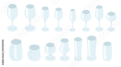 Big collection of empty drinking glasses and mugs. Dishes for beer and wine. Bar crockery set. Vector illustration isolated on white background