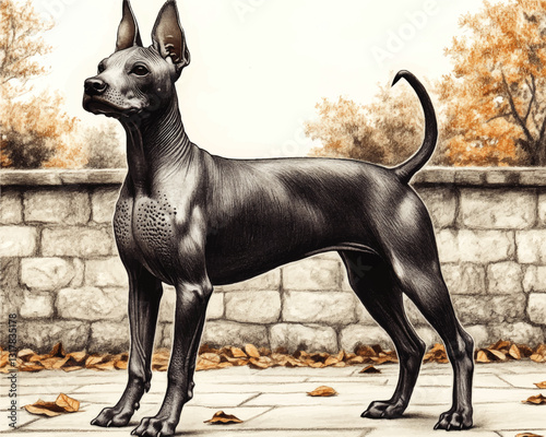 Striking Vector Illustration of Xoloitzcuintli in Autumn Setting | Unique Hairless Dog Art with Stone Wall Background and Autumn Leaves for Home Decor