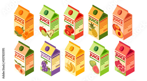 Isometric Juice carton collection. Assorted fruit and vegetable juice in packages. Cardboard box with sweet fresh drink. Vector illustration isolated on white background