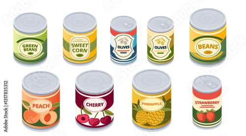Collection of canned food. Preserved vegetables and fruits. Metal can with food. Packaging with colorful labels. Vector illustration illustration isolated on white background, isometric view
