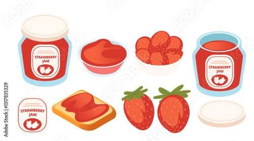 Collection of canned strawberry. Preserves berry jam. Glass jar with food. Packaging with colorful labels. Vector illustration illustration isolated on white background, isometric view