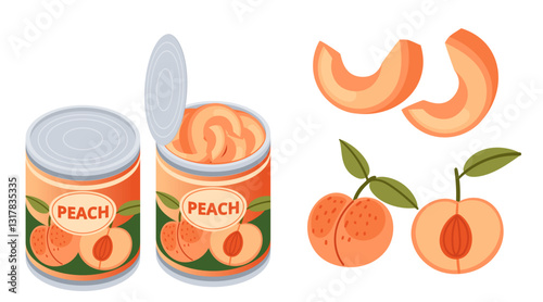 Collection of canned peach. Preserved fruit. Metal can with fruits. Packaging with colorful labels. Vector illustration illustration isolated on white background, isometric view