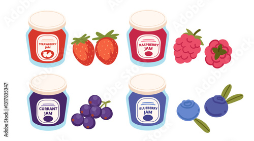 Set of preserved berry jams. Preserved sweet dessert. Glass jar with fresh berries. Packaging with colorful labels. Vector illustration illustration isolated on white background, isometric view