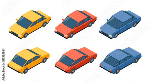 Set of isometric cars. Cartoon style vehicles. Colorful sedan-style car. Red, blue and yellow automobile. Vector illustration isolated on white background