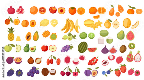 Fruit collection with various types organized by color. Apples, oranges, banana, berries, tropical fruits, and citrus. Tropical and citrus fruits. Healthy foods, vitamin sources. Vector illustration