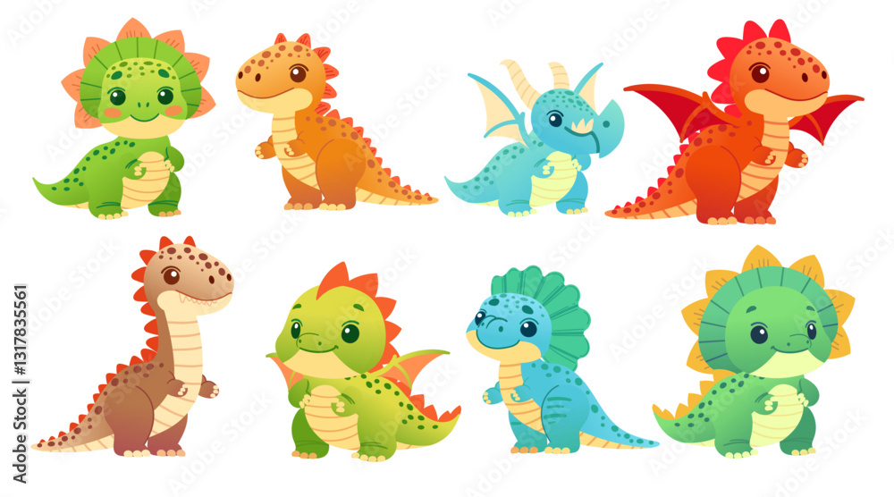Set of small dinosaurs. Various mythical creatures. Medieval fantasy dragons. Cute cartoon reptile design. Vector illustration isolated on white background Set of small dinosaurs. Various mythical creatures. Medieval fantasy dragons. Cute cartoon reptile design. Vector illustration isolated on white background