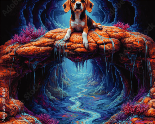 Enchanting Beagle Next to Flowing River in Vibrant Fantasy Cave with Colorful Flora | Surreal Wildlife Art for Creative Nature and Pet Lovers