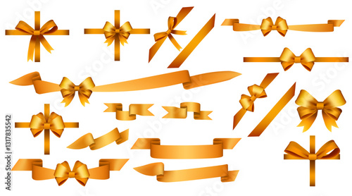 Golden bows and ribbons set. Gift decorations. Present wrapping elements. Festive accessories. Multicolored bows. Package decorations. Event supplies. Decorative elements. Vector illustration