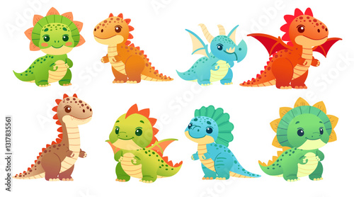 Set of small dinosaurs. Various mythical creatures. Medieval fantasy dragons. Cute cartoon reptile design. Vector illustration isolated on white background