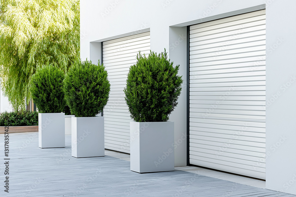 Fototapeta premium Moderne Villa mit großer Fensterfront und Markise im Garten
