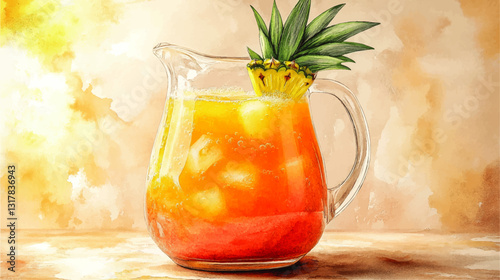 Refreshing Tropical Fruit Punch in Glass Pitcher with Pineapple Garnish and Ice Cubes - Perfect Beverage for Summer Parties and Tropical Events