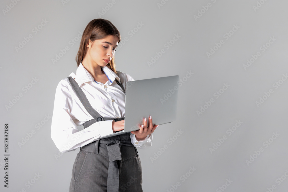 Young woman focused on laptop while standing against a neutral background in a modern workspace environment Young woman focused on laptop while standing against a neutral background in a modern workspace environment
