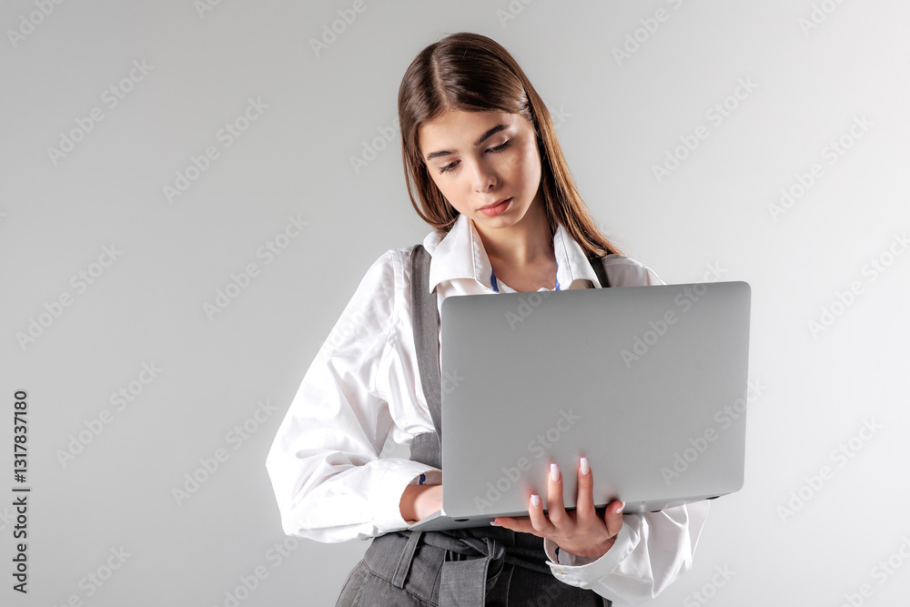 Young professional engages with a laptop in a modern studio setting during a work session Young professional engages with a laptop in a modern studio setting during a work session