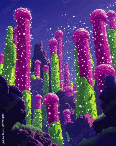 Surreal Vector Art of Magical Mushroom Forest with Pink and Green Stalks Set Against a Starry Deep Blue Sky - Imaginative Fantasy Landscape Illustration