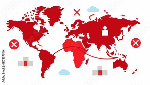 Global Supply Chain A simple world map with arrows showing trade routes from various regions to a central manufacturing hub. Overlaid are small icons representing tariffs being