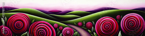 Vibrant Vector Art of Pink Spiral Flowers on Enchanting Green Hills with Serene Pathway in Mystical Landscape Setting at Dawn or Dusk