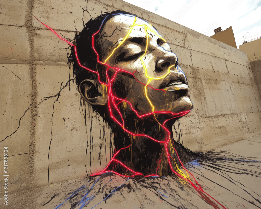 Dynamic Street Art Vector Image Depicting Colorful Neon Outlines on a Human Face with Textured Concrete Background and Expressive Urban Vibe