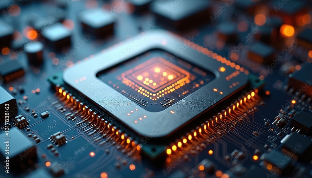 Computing processor, CPU, microchip, electronic circuit board on dark blue background. Advanced technology concept. Futuristic hi-tech components, glowing orange integrated microcircuit, neural Computing processor, CPU, microchip, electronic circuit board on dark blue background. Advanced technology concept. Futuristic hi-tech components, glowing orange integrated microcircuit, neural