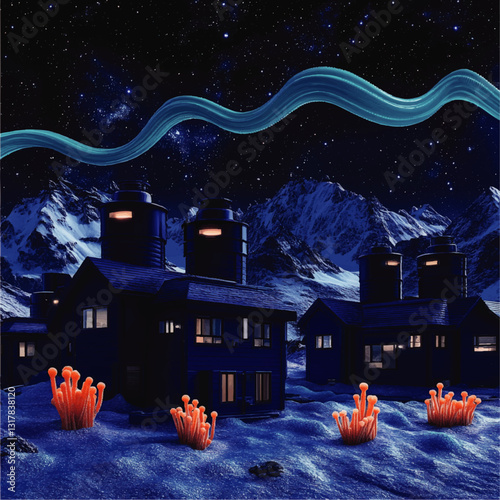 Futuristic Arctic Settlement with Modern Houses and Bioluminescent Flora under Starry Night Sky and Snow-Capped Mountains Vector Illustration