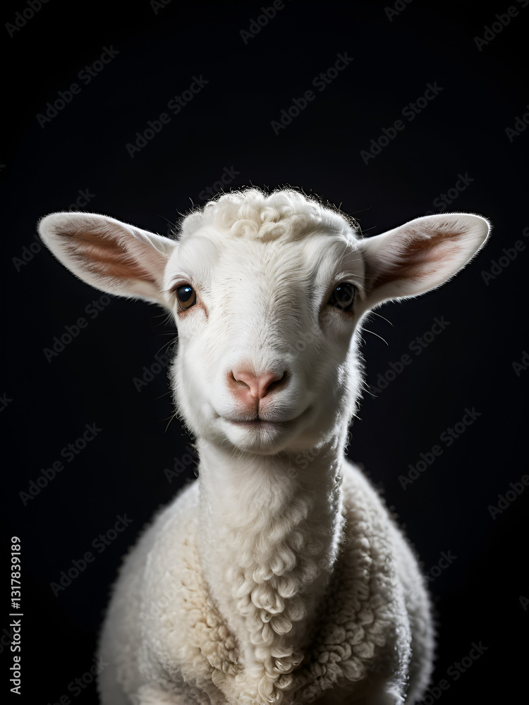 Fototapeta premium A lamb faces forward against a dark background, symbolizing purity and the Christian concept of the Lamb of God, representing sacrifice and innocence.