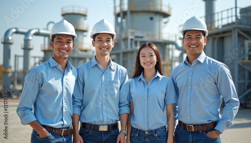 South East Asian engineers team at chemical plant. Smiling workers in light blue uniform, hard hats look at camera. Modern industry, construction site, occupational safety standards. photo
