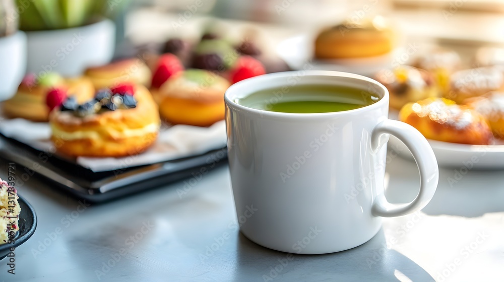 Cozy presentation of a cup of tea with colorful pastries on a white table creating an inviting tea time experience Cozy presentation of a cup of tea with colorful pastries on a white table creating an inviting tea time experience