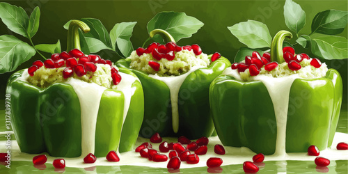 Vibrant Green Bell Peppers Stuffed with Quinoa and Garnished with Pomegranate Seeds and Cream Sauce Vector Illustration for Healthy Recipes and Design