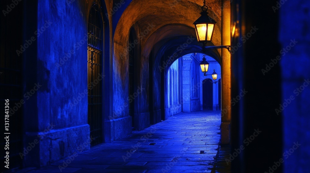 Fototapeta premium A hauntingly dimly lit scene with soft, warm, and slow-moving light casts long shadows, evoking an atmosphere of mystery and foreboding, with deep blues and purples dominating the color palette, and s