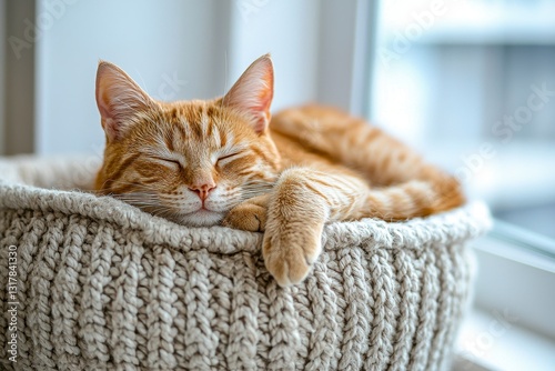 In a realm of tranquil slumber, a ginger feline finds solace within the soft embrace of a hand-knit basket Its gentle breaths orchestrate a symphony of peace, as soft light casts a warm glow upon its