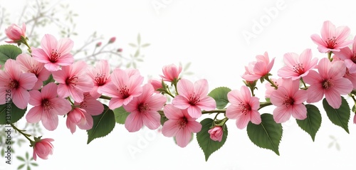 Isolated on transparent background creeper with spring flowers, leaves. Nature floral bloom. Blossom pink colors blooming fresh vibrant seasonal plant. Beauty gardening summertime flora.