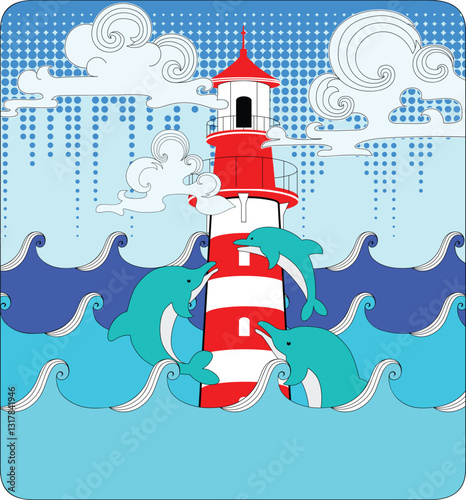 ocean view with waves, lighthouse, dolphins, clouds illustration in high quality vector image stock