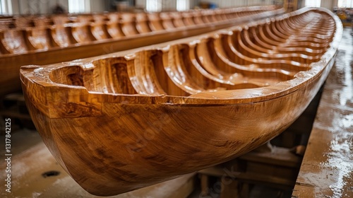 Wooden boat hulls under construction in a workshop with tools and materials in the background photo