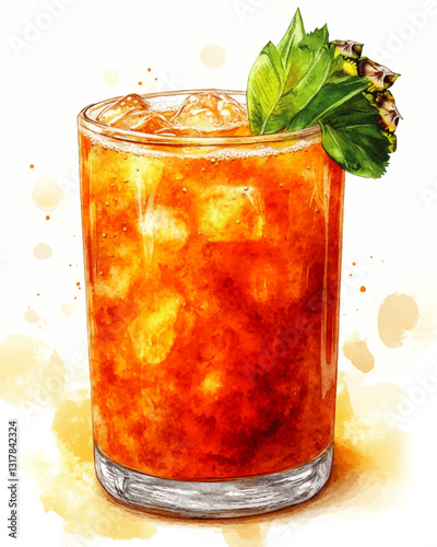 Vibrant Rum Cocktail Vector Illustration with Fresh Pineapple and Mint Leaves on Ice in a Glass - Perfect Tropical Summer Drink Art for Beverage Enthusiasts