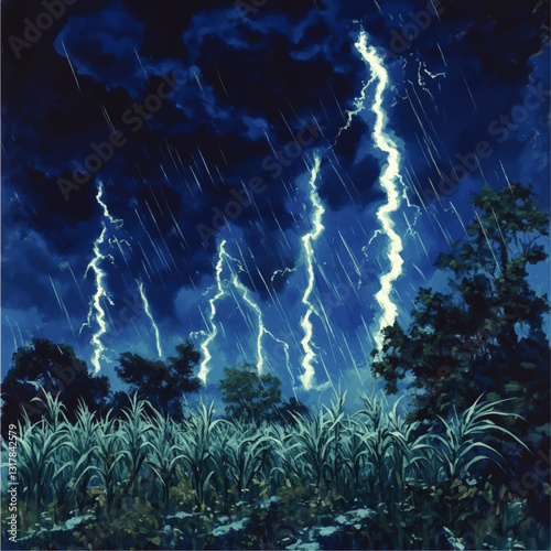 Dynamic Vector Illustration of a Rainy Storm with Striking Lightning Bolts over a Lush Green Field and Dense Trees Capturing the Dramatic Power of Nature
