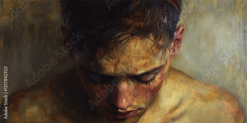 Emotional Portrait of a Man in Abstract Vector Art Capturing Introspective Mood with Rich Oil Painting Textures and Warm Earthy Tones for Artistic Expression