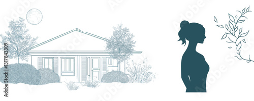 Flat vector icons set: nature and home elements with female silhouette.