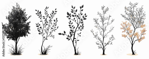 Flat linear icons set of trees with different leaf patterns.
